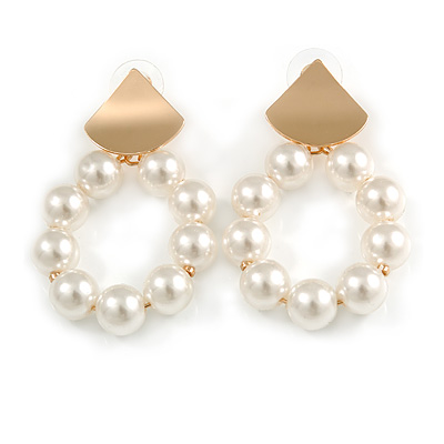 White Faux Pearl Hoop Earrings In Gold Tone - 60mm L - main view