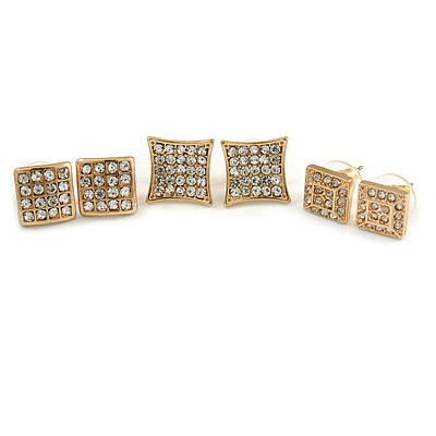 Set of 3 Pairs Crystal Square Stud Earrings In Gold Tone - 15mm/ 12mm/ 10mm D