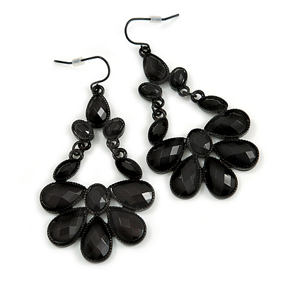 Victorian Style Black Acrylic Bead Chandelier Earrings In Black Tone - 65mm Long - main view