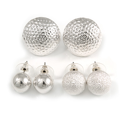 Set of 3 Pairs Button & Ball Stud Earrings In Light Silver Tone  - 25mm/ 15mm/ 10mm D - main view