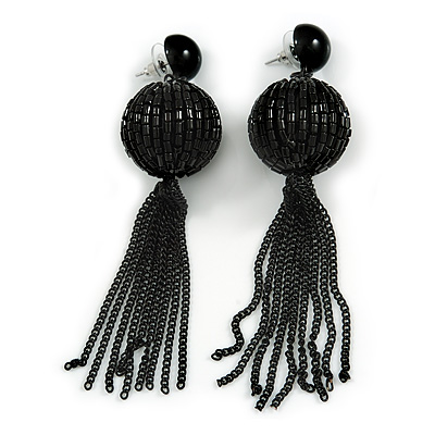 Statement Black Glass Bead Ball and Chain Tassel Earrings In Silver Tone - 10cm L - main view