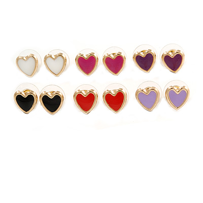 6 Pairs Enamel Multicoloured Heart Stud Earring Set In Gold Tone Metal - 10mm Tall - main view