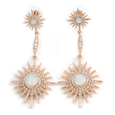 Bridal/ Cocktail/ Prom Clear Crystal, Milky White Glass Star Drop Earrings In Rose Gold - 70mm Long