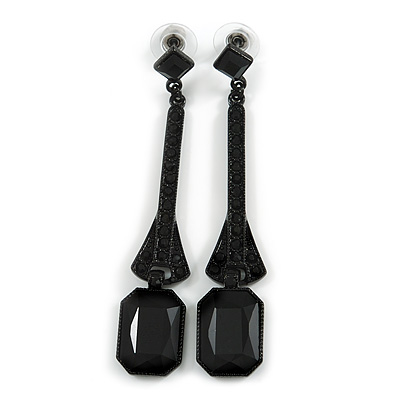 Statement Long Linear Black Glass, Crystal Earrings In Black Tone Metal - 85mm Long - main view