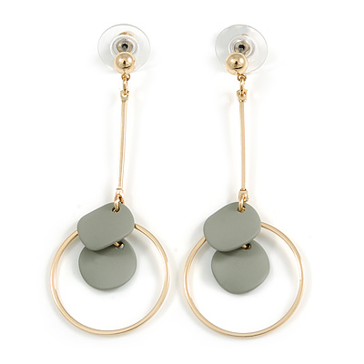 Contemporary Geometric Bar/ Circle Drop Earrings In Gold Tone - 65mm Long
