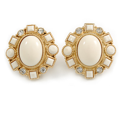 Large Oval Matt Gold Tone, Clear Crystal with Milky White Acrylic Bead Clip-On Earrings - 35mm Tall - main view