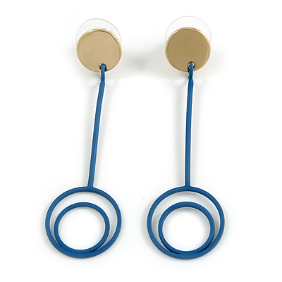 Statement Geometric Drop Earrings with Blue Rubber Element In Gold Tone - 60mm L - main view
