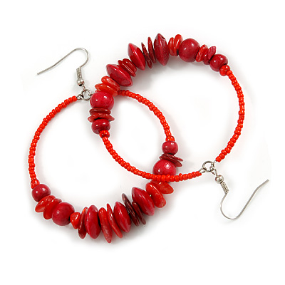 Large Red Glass, Shell, Wood Bead Hoop Earrings In Silver Tone - 75mm Long - main view