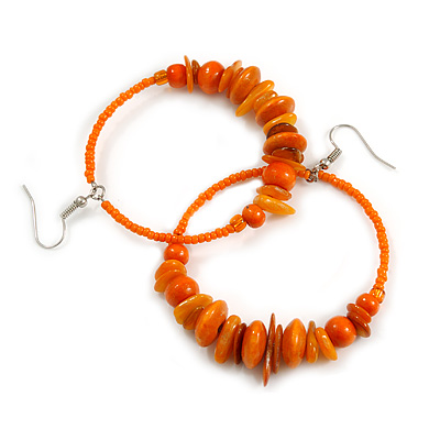 Large Orange Glass, Shell, Wood Bead Hoop Earrings In Silver Tone - 75mm Long