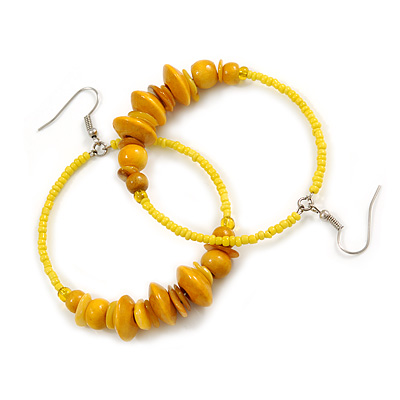 Large Yellow Glass, Shell, Wood Bead Hoop Earrings In Silver Tone - 75mm Long