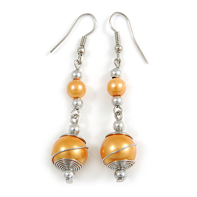 Gold-Yellow Glass Bead with Wire Drop Earrings In Silver Tone - 6cm Long - main view