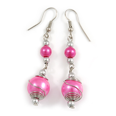 Pink Glass Bead with Wire Drop Earrings In Silver Tone - 6cm Long - main view
