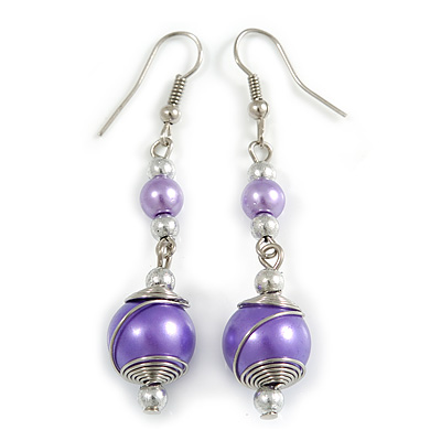 Purple Glass Bead with Wire Drop Earrings In Silver Tone - 6cm Long - main view