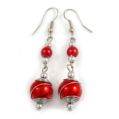 Red Glass Bead with Wire Drop Earrings In Silver Tone - 6cm Long - main view