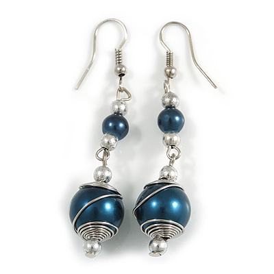 Dark Blue Glass Bead with Wire Drop Earrings In Silver Tone - 6cm Long