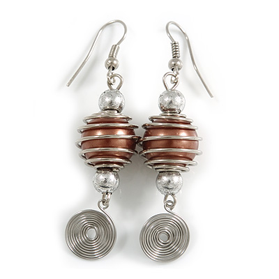 Brown Glass Bead with Wire Element Drop Earrings In Silver Tone - 6cm Long - main view