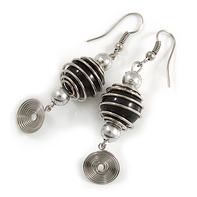 Black Glass Bead with Wire Element Drop Earrings In Silver Tone - 6cm Long - main view