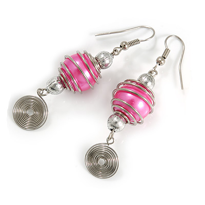 Pink Glass Bead with Wire Element Drop Earrings In Silver Tone - 6cm Long