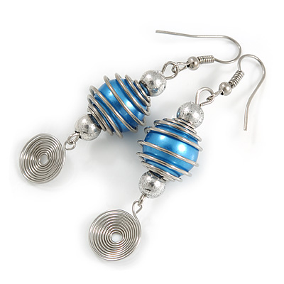 Blue Glass Bead with Wire Element Drop Earrings In Silver Tone - 6cm Long - main view