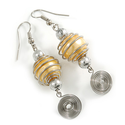Daffodil Yellow Glass Bead with Wire Element Drop Earrings In Silver Tone - 6cm Long - main view
