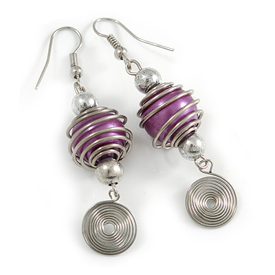 Purple Glass Bead with Wire Element Drop Earrings In Silver Tone - 6cm Long
