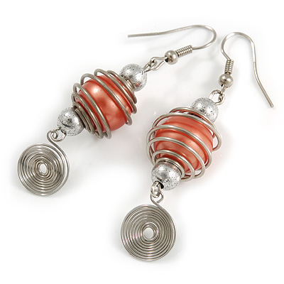 Orange Glass Bead with Wire Element Drop Earrings In Silver Tone - 6cm Long - main view