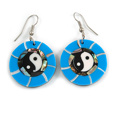 Round Blue Shell Yin Yang Drop Earrings - 45mm Long - main view