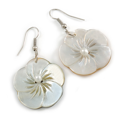 Mother of Pearl Floral Drop Earrings In Silver Tone - 50mm Long