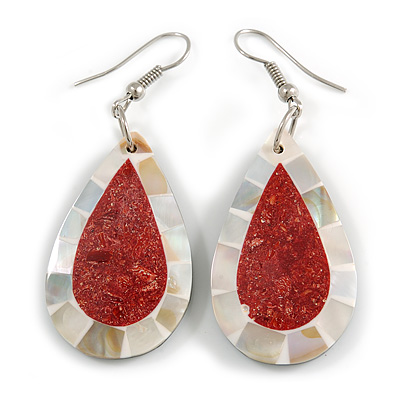Teardrop Shell with Red Stone Inlay Earrings - 55mm Long - main view