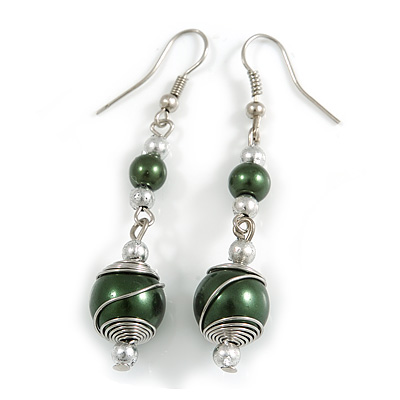 Forest Green Glass Bead with Wire Drop Earrings In Silver Tone - 6cm Long - main view