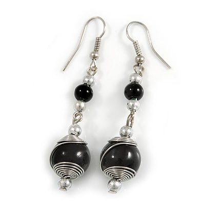 Black Glass Bead with Wire Drop Earrings In Silver Tone - 6cm Long