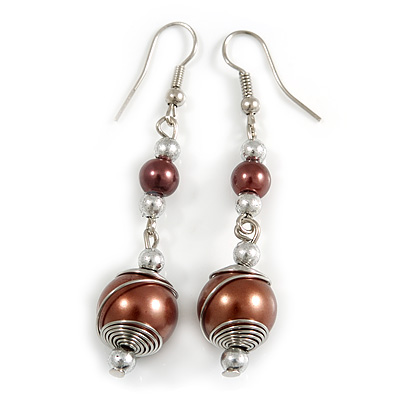 Chocolate Brown Glass Bead with Wire Drop Earrings In Silver Tone - 6cm Long - main view