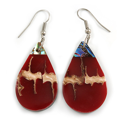 Teardrop Ox Blood Red Shell Drop Earrings - 55mm Long