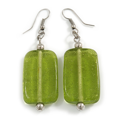 Lime Green Glass Square Drop Earrings In Silver Tone - 55mm L