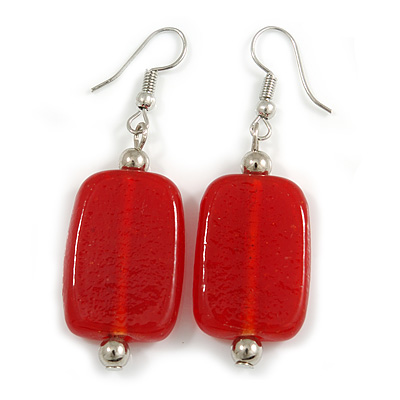 Red Glass Square Drop Earrings In Silver Tone - 55mm L - main view