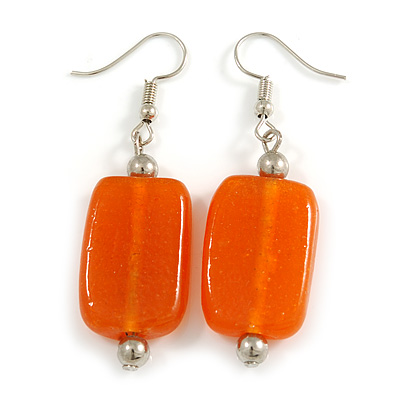 Orange Glass Square Drop Earrings In Silver Tone - 55mm L - main view