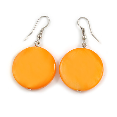 Orange Shell Coin Drop Earrings In Silver Finish - 45mm Long