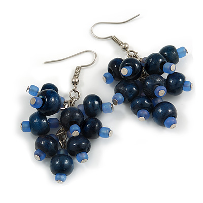 Dark Blue Wooden Bead Cluster Drop Earrings in Silver Tone - 55mm Long - main view