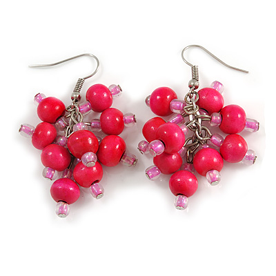 Deep Pink Wooden Bead Cluster Drop Earrings in Silver Tone - 55mm Long
