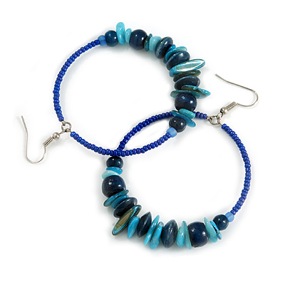 Large Blue/ Teal Glass, Shell, Wood Bead Hoop Earrings In Silver Tone - 75mm Long - main view