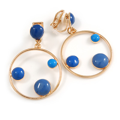 Blue Enamel Dot Circle/ Hoop Drop Clip-On Earrings In Gold Tone - 40mm Long - main view