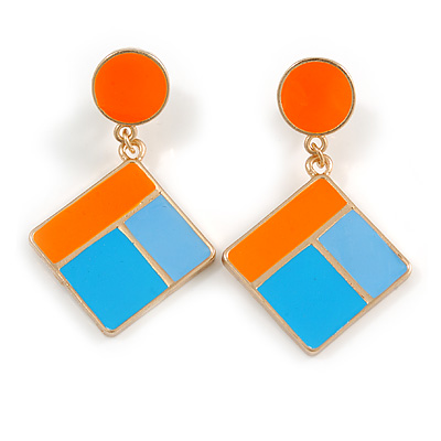 Blue/ Orange Enamel Geometric Clip-On Earrings In Gold Tone - 50mm Long - main view