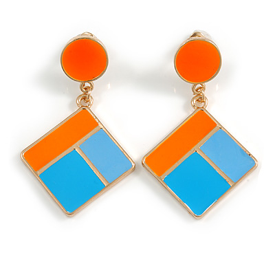 Blue/ Orange Enamel Geometric Drop Earrings In Gold Tone - 50mm Long - main view