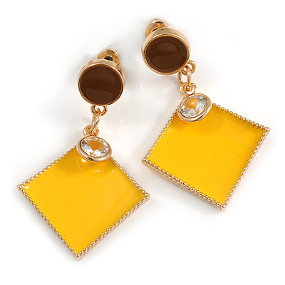 Brown/ Yellow Enamel Square Drop Earrings In Gold Tone - 40mm Long - main view