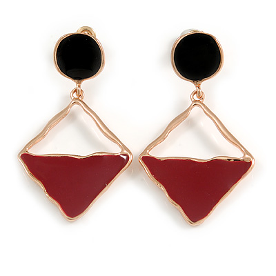 Burgundy/ Black Enamel Geometric Drop Earrings In Rose Gold Tone - 45mm Long