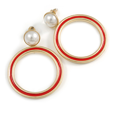 Gold Tone Hoop Earrings with Red Enamel and White Faux Pearl Bead - 50mm Long - main view