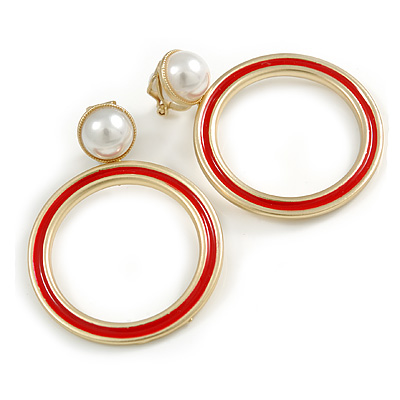 Gold Tone Hoop Clip-On Earrings with Red Enamel and White Faux Pearl Bead - 50mm Long - main view