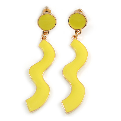 Neon Yellow Enamel Wavy Drop Earrings In Gold Tone - 55mm Long - main view