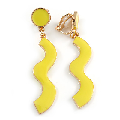 Neon Yellow Enamel Wavy Clip-On Earrings In Gold Tone - 55mm Long - main view