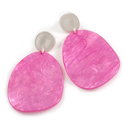 Statement Pink Acrylic Curvy Oval Drop Earrings In Matt Silver Tone - 65mm L - main view